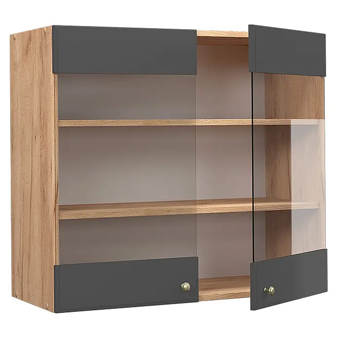 Vicco Schrankküche Fame-Line Anthrazit-Gold - Anthrazit-Gold Landhaus, Hängeglasschrank 80 cm - Hängeschrank aus Holz mit dunkelgrauen Paneelen und Glastüren, eine Tür leicht geöffnet.