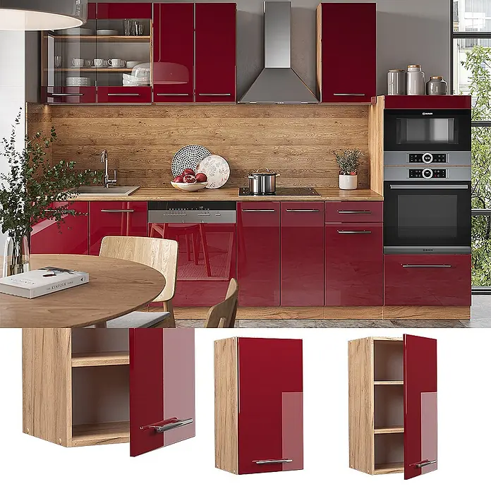 Vicco Schrankküche Fame-Line Bordeaux Hochglanz - Bordeaux Hochglanz, Hängeschrank 40 cm - Modernes Küchenschrank-Set mit roten Hochglanzfronten und hellen Holzakzenten. Enthält Unterschränke, Oberschränke und integrierte Geräte.