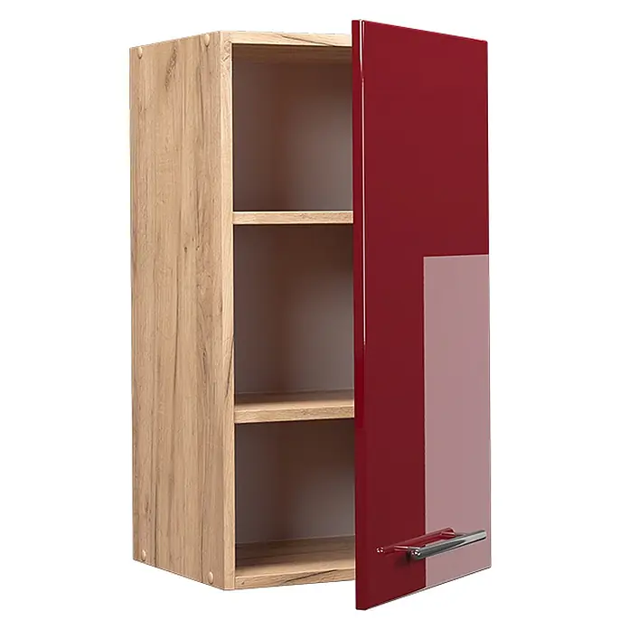 Vicco Schrankküche Fame-Line Bordeaux Hochglanz - Bordeaux Hochglanz, Hängeschrank 40 cm - Wandschrank mit Seiten in heller Holzoptik und drei Regalböden, hochglänzend rote Tür mit silbernem Griff, teilweise geöffnet.