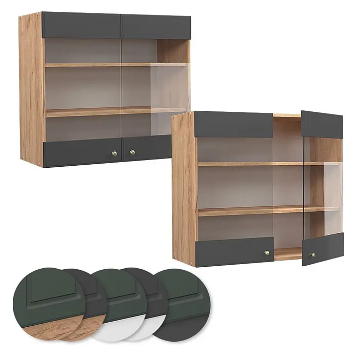 Vicco Schrankküche Fame-Line Anthrazit-Gold - Anthrazit-Gold Landhaus, Hängeglasschrank 80 cm - Zwei Hängeschränke mit hellem Holzrahmen, Glastüren und grauen oder grünen Paneelen, einer leicht geöffnet.
