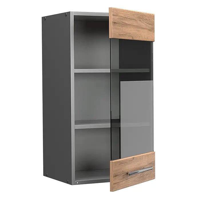 Vicco Schrankküche Fame-Line Goldkraft Eiche - Goldkraft Eiche, Hängeglasschrank 40 cm - Dunkelgrauer Hängeschrank mit hellgrauen Regalböden, Holzoptik-Paneelen und teilweise geöffneter Glastür.
