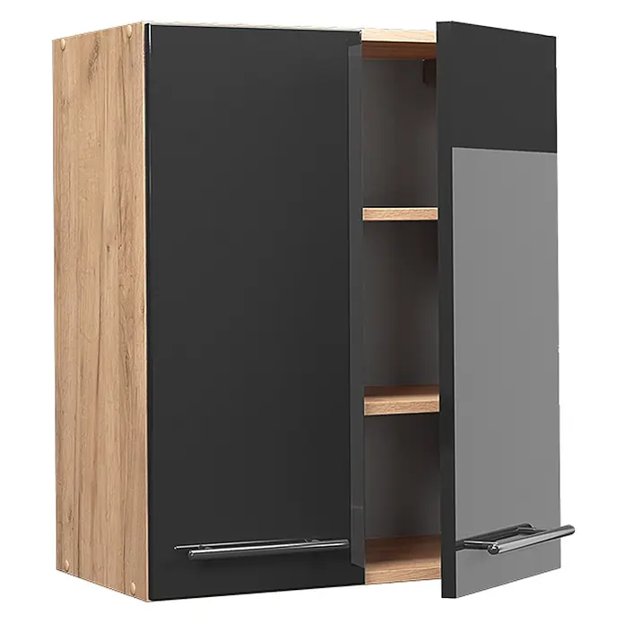Vicco Schrankküche Fame-Line Anthrazit Hochglanz - Anthrazit Hochglanz, Hängeschrank 60 cm - Zweitüriger Hängeschrank mit Holzmaserung, schwarzen/grauen Türen und Metallgriffen.