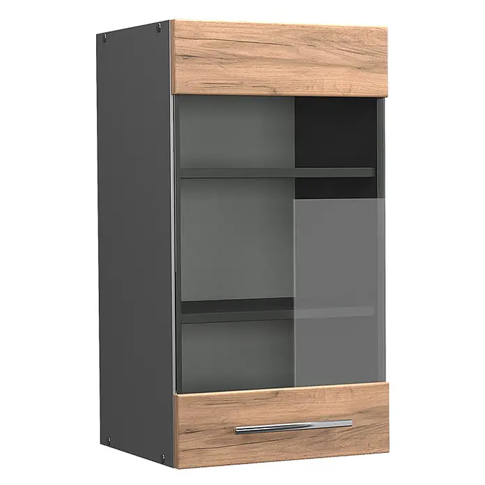Vicco Schrankküche Fame-Line Goldkraft Eiche - Goldkraft Eiche, Hängeglasschrank 40 cm - Dunkelgrauer Wandschrank mit hellen Holzplatten, Glasschiebetüren und Metallgriff für moderne Aufbewahrung.