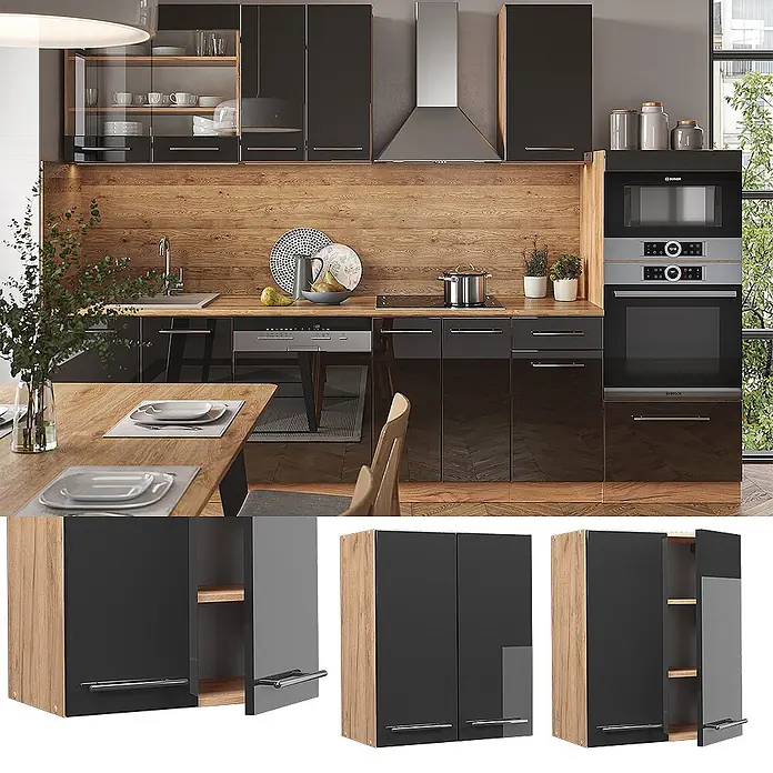 Vicco Schrankküche Fame-Line Anthrazit Hochglanz - Anthrazit Hochglanz, Hängeschrank 60 cm - Moderne Küchenschränke: glänzend schwarze Türen mit Holzoptik-Seiten, in eine Küche integriert. Einzelne Schrankschränke dargestellt.