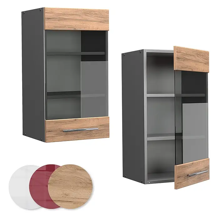 Vicco Schrankküche Fame-Line Goldkraft Eiche - Goldkraft Eiche, Hängeglasschrank 40 cm - Zwei graue Hängeschränke mit Holzoptik-Paneelen und Glastüren, einer geöffnet mit Regalen. Inkl. Farbmuster.