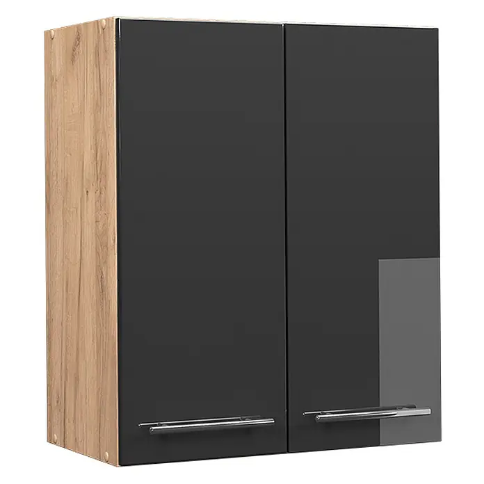 Vicco Schrankküche Fame-Line Anthrazit Hochglanz - Anthrazit Hochglanz, Hängeschrank 60 cm - Zweitüriger Hängeschrank mit Holzoptik-Seitenwand und dunkelgrauen Türen mit silbernen Griffen.