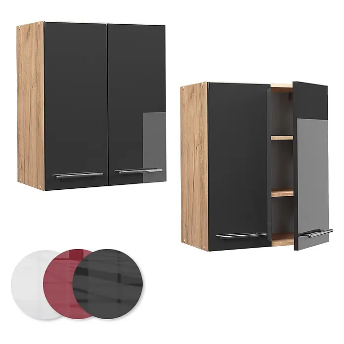 Vicco Schrankküche Fame-Line Anthrazit Hochglanz - Anthrazit Hochglanz, Hängeschrank 60 cm - Zwei Hängeschränke mit Holzseiten, glänzenden dunkelgrauen Türen mit Metallgriffen, einer offen mit Regalen. Farbmuster inklusive.