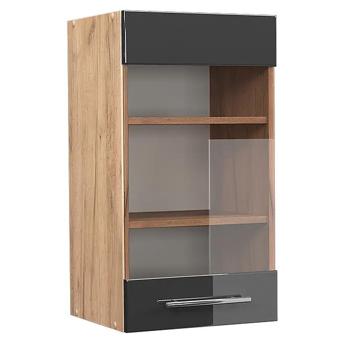 Vicco Schrankküche Fame-Line Anthrazit Hochglanz - Anthrazit Hochglanz, Hängeglasschrank 40 cm - Hängeschrank mit hellen Holzseiten, dunkelgrauer Ober-/Unterseite, Glastür und Holzregalen innen.