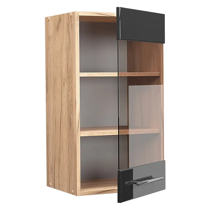 Vicco Schrankküche Fame-Line Anthrazit Hochglanz - Anthrazit Hochglanz, Hängeglasschrank 40 cm - Hängeschrank aus Holz mit offenen Regalen und einer Teiltür aus Glas mit schwarzen Paneelen und Griff.
