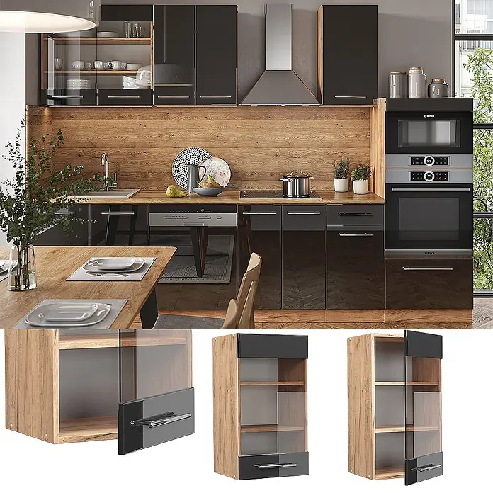 Vicco Schrankküche Fame-Line Anthrazit Hochglanz - Anthrazit Hochglanz, Hängeglasschrank 40 cm - Moderne Küche mit hochglänzenden schwarzen Schränken, Holz-Arbeitsplatten und integrierten Geräten.