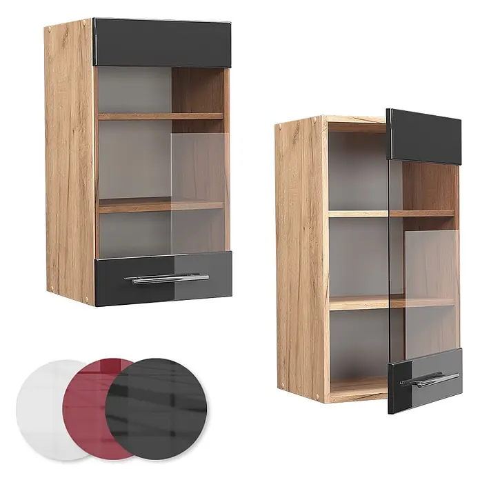 Vicco Schrankküche Fame-Line Anthrazit Hochglanz - Anthrazit Hochglanz, Hängeglasschrank 40 cm - Zwei helle Holz-Hängeschränke mit Glastüren und glänzenden schwarzen Paneelen. Einer geschlossen, einer offen. Farbmuster inklusive.