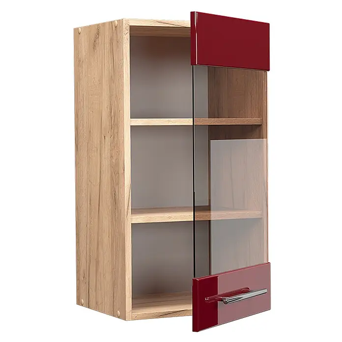 Vicco Schrankküche Fame-Line Bordeaux Hochglanz - Bordeaux Hochglanz, Hängeglasschrank 40 cm - Wandschrank in hellem Holzdekor mit rot-gläserner Tür, innen Fächer und ein silberner Griff.