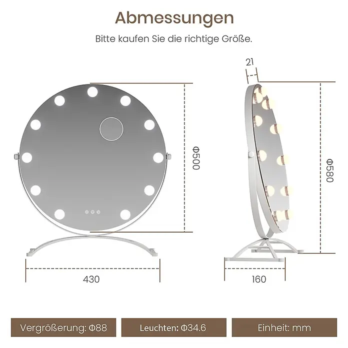 Emke Kosmetikspiegel CM11 - Rund, Weiß - Runder, beleuchteter Kosmetikspiegel auf einem Ständer, mit Maßen für Spiegeldurchmesser, Gesamthöhe, Standbreite, Lichtdurchmesser und Vergrößerungsbereich.