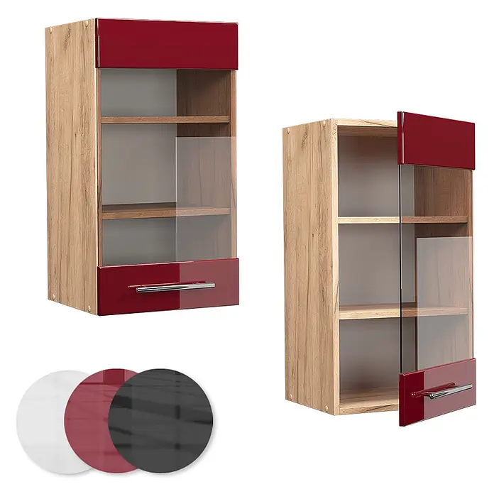 Vicco Schrankküche Fame-Line Bordeaux Hochglanz - Bordeaux Hochglanz, Hängeglasschrank 40 cm - Wandhängeschrank in Holzoptik mit roten Hochglanzpaneelen, Glastür und silbernem Griff, offen und geschlossen gezeigt. Erhältlich in Weiß, Rot oder Schwarz.