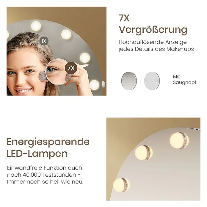 Emke Kosmetikspiegel CM11 - Rund, Weiß - Frau benutzt großen LED-Schminkspiegel mit aufsteckbarem 7X Vergrößerungsspiegel für präzises Make-up. Er hat helle, energiesparende LED-Leuchten.