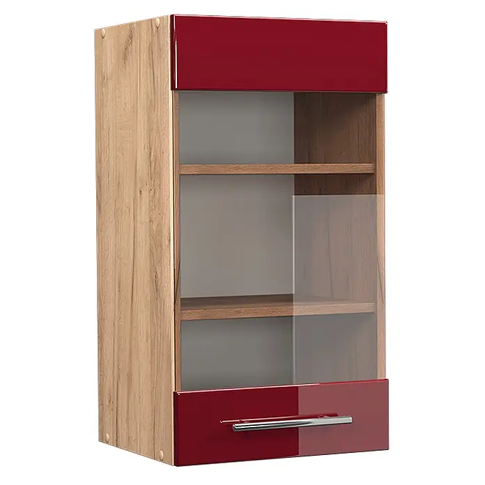 Vicco Schrankküche Fame-Line Bordeaux Hochglanz - Bordeaux Hochglanz, Hängeglasschrank 40 cm - Holz-Wandschrank mit glänzenden roten Paneelen, Klarglastür und Bodenschublade.
