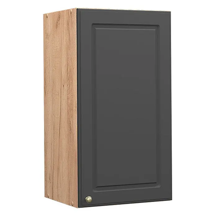 Vicco Schrankküche Fame-Line Anthrazit-Gold - Anthrazit-Gold, Hängeschrank 40 cm - Dunkelgrauer Küchenoberschrank mit Kassettenfront und heller Holzmaserung an der Seite.