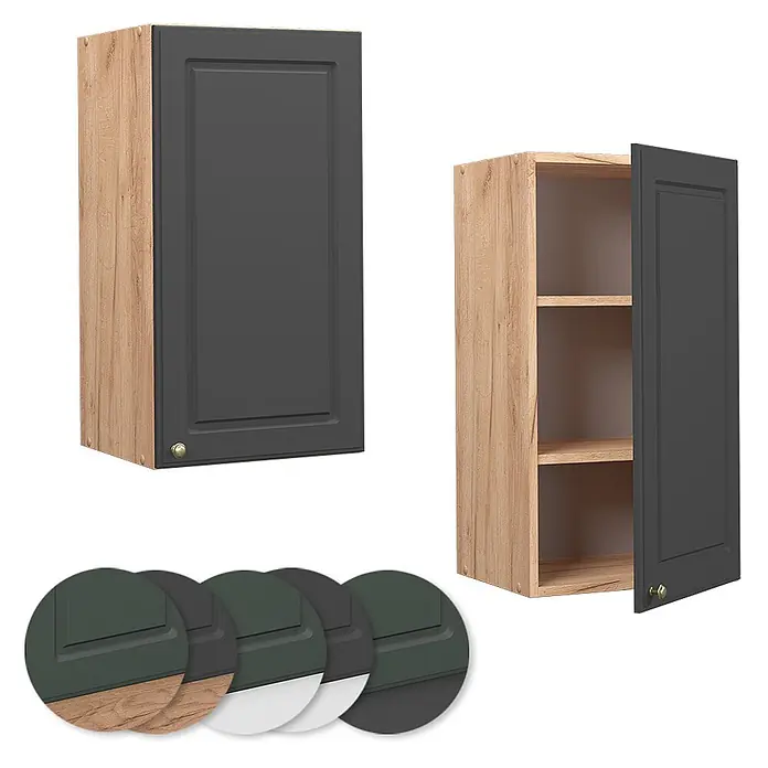 Vicco Schrankküche Fame-Line Anthrazit-Gold - Anthrazit-Gold, Hängeschrank 40 cm - Küchenhängeschrank in Holzoptik mit dunkelgrauer Kassettentür, geschlossen und offen mit Einlegeböden.