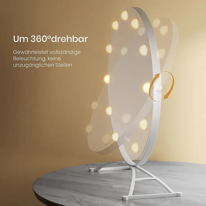 Emke Kosmetikspiegel CM11 - Rund, Weiß - Weißer beleuchteter Schminkspiegel auf Ständer, 360° drehbar für optimale Beleuchtung.