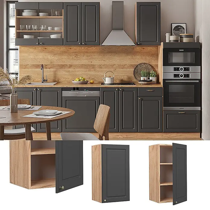 Vicco Schrankküche Fame-Line Anthrazit-Gold - Anthrazit-Gold, Hängeschrank 40 cm - Dunkelgraue Küchenschränke mit hellen Holzelementen, in moderner Küchenumgebung gezeigt.