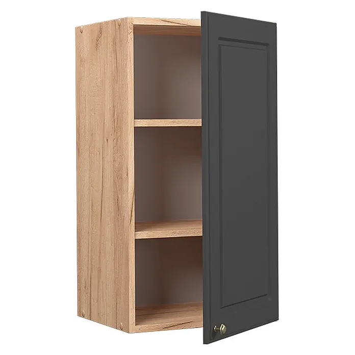 Vicco Schrankküche Fame-Line Anthrazit-Gold - Anthrazit-Gold, Hängeschrank 40 cm - Heller Wandschrank aus Holz mit offener, dunkelgrauer Kassettentür und goldenem Knauf, zeigt drei Regalböden.