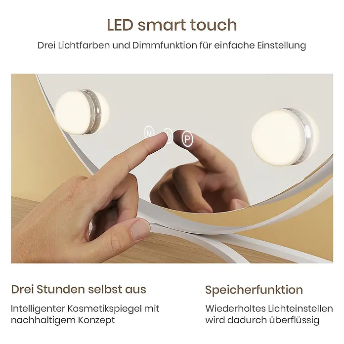 Emke Kosmetikspiegel CM11 - Rund, Weiß - Eine Hand berührt das beleuchtete Bedienfeld eines weiß-goldenen LED Smart-Touch Kosmetikspiegels mit runden Lichtern.