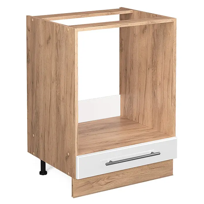 Vicco Schrankküche Fame-Line Weiß Hochglanz ohne Arbeitsplatte - Weiß Hochglanz, Herdumbauschrank 60 cm - Heller Küchenunterschrank in Eichenoptik mit weißer Schublade, für Einbaugeräte wie Ofen oder Mikrowelle.