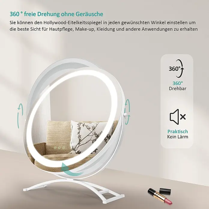 Emke Kosmetikspiegel CM07 - Rund, Weiß - Weißer LED-Schminkspiegel mit 360° geräuschloser Drehung für Make-up und Hautpflege.