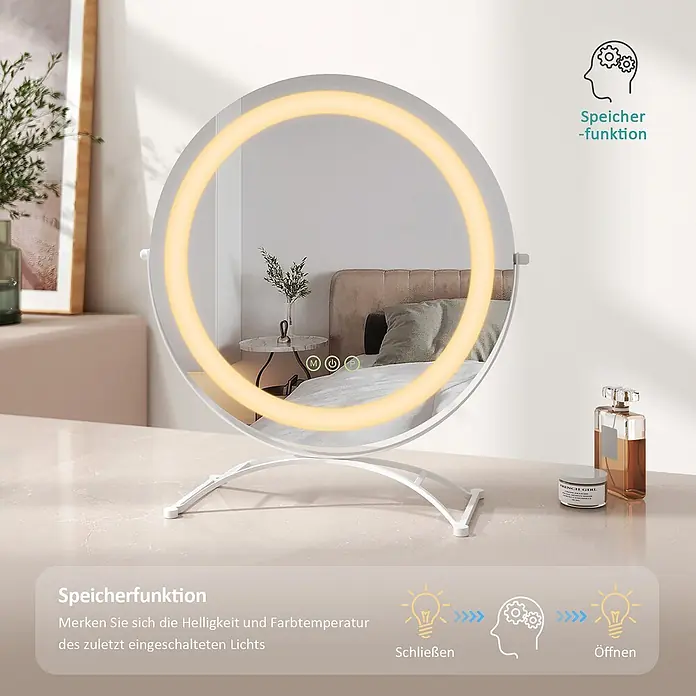 Emke Kosmetikspiegel CM07 - Rund, Weiß - Weißer runder LED-Kosmetikspiegel mit warmem Lichtring und Speicherfunktion.