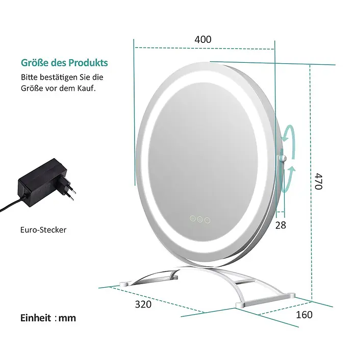 Emke Kosmetikspiegel CM07 - Rund, Weiß - Runder LED-Kosmetikspiegel mit Ständer, Maßen (400x470x320x160 mm), kippbar (28 mm Dicke) und Euro-Stecker-Netzteil.