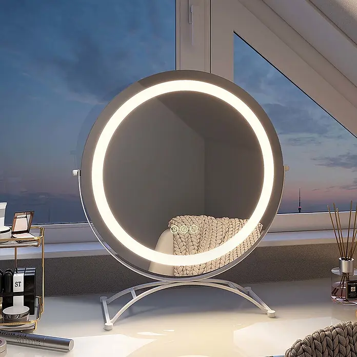 Emke Kosmetikspiegel CM07 - Rund, Weiß - Weißer runder LED-Kosmetikspiegel mit beleuchtetem Ring und Touch-Bedienung auf weißem Tischständer.