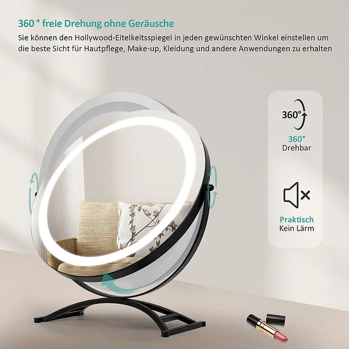 Emke Kosmetikspiegel CM07 - 40 x 47 cm, Rund, Schwarz - Ein runder, schwarzer LED-Schminkspiegel auf einem Ständer, der seine 360-Grad-Drehfunktion zeigt.