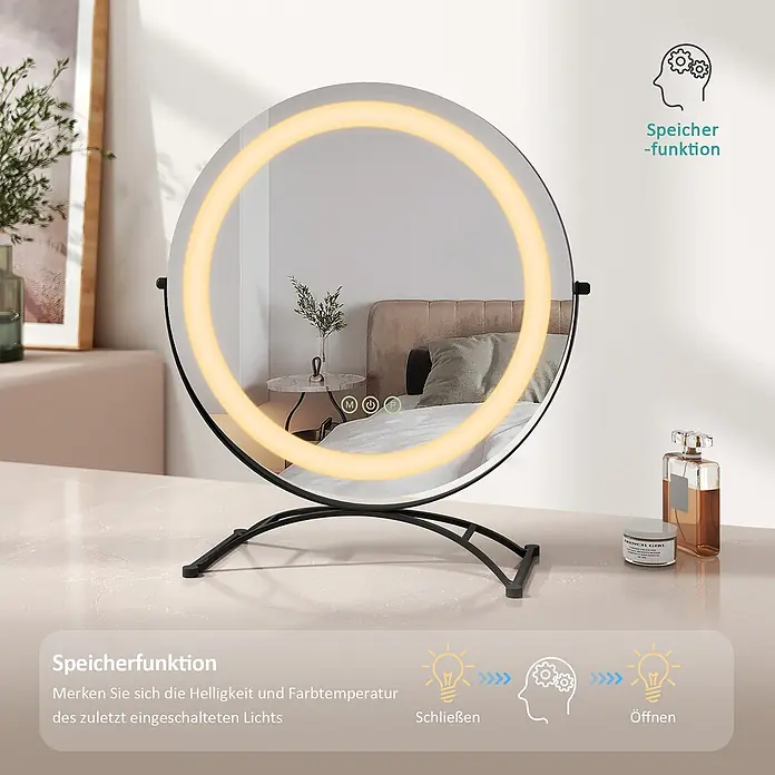 Emke Kosmetikspiegel CM07 - 40 x 47 cm, Rund, Schwarz - Runder LED-Schminkspiegel mit schwarzem Standfuß auf einem Tisch, beleuchtet.