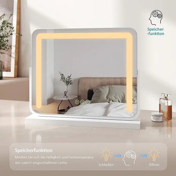 Emke Kosmetikspiegel CM08 - Rechteckig, Weiß - Weißer LED-Schminkspiegel mit beleuchtetem Rand, Touch-Bedienelementen und Speicherfunktion, in einem Schlafzimmer.