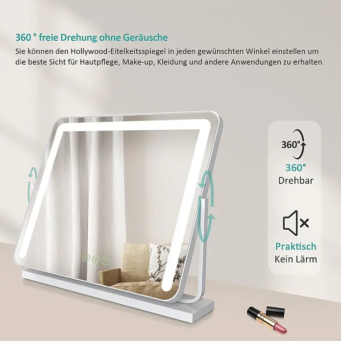 Emke Kosmetikspiegel CM08 - Rechteckig, Weiß - Weißer Hollywood-Eitelkeitsspiegel mit 360° Drehung und LED-Beleuchtung, geräuschlos für Make-up und Hautpflege.