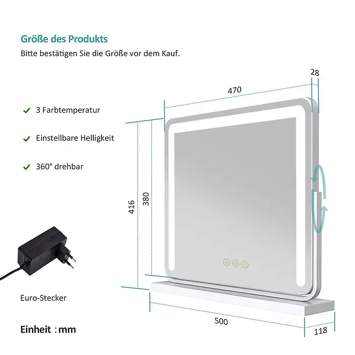Emke Kosmetikspiegel CM08 - Rechteckig, Weiß - Beleuchteter Schminkspiegel mit Standfuß, dimmbarer LED-Beleuchtung in 3 Farbtemperaturen und 360° Drehfunktion. Maße: 500x416x118 mm.