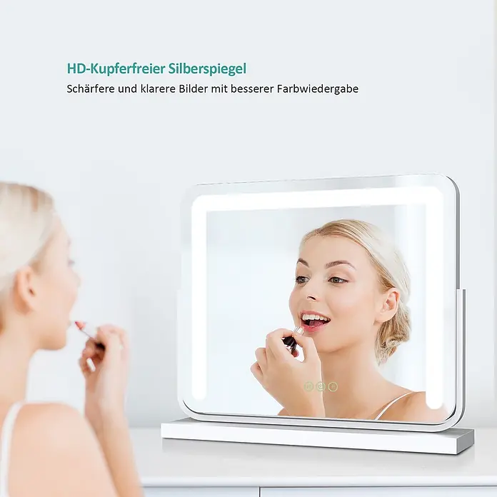 Emke Kosmetikspiegel CM08 - Rechteckig, Weiß - Eine Frau trägt Lippenstift mit einem weißen, LED-beleuchteten Schminkspiegel mit Touch-Bedienelementen auf, der seine klare Reflexion und Helligkeit hervorhebt.
