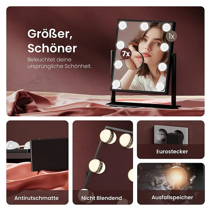 Emke Kosmetikspiegel CM12 - 30,5 x 36 cm, Rechteckig, Schwarz - Ein beleuchteter Schminkspiegel mit 1x und 7x Vergrößerung, rutschfestem Stand und dimmbaren LEDs, der die letzten Einstellungen speichert.