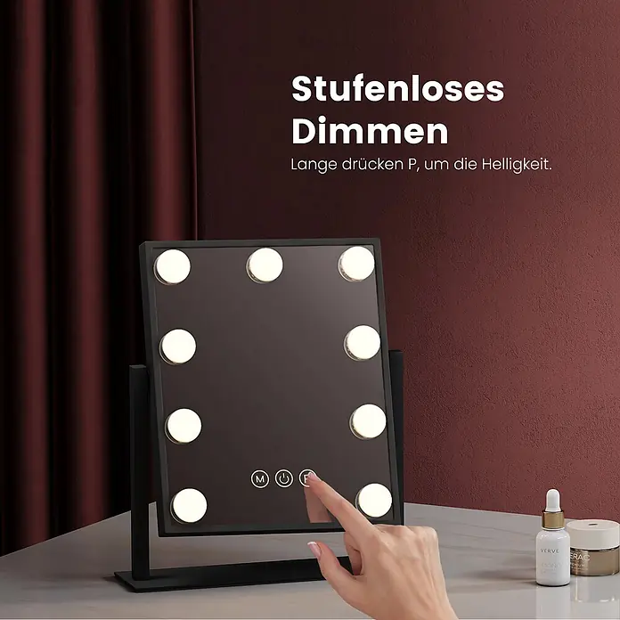 Emke Kosmetikspiegel CM12 - 30,5 x 36 cm, Rechteckig, Schwarz - Schwarzer beleuchteter Kosmetikspiegel mit Touch-Bedienung; eine Hand passt die Helligkeit an. Kosmetika in der Nähe.