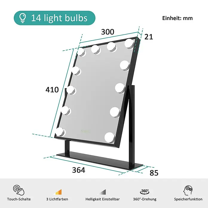 Emke Kosmetikspiegel CM12 - Rechteckig, Schwarz - Schwarzer Schminkspiegel mit 14 Glühbirnen, Touch-Steuerung, 3 Lichtfarben, Helligkeitsanpassung, 360°-Drehung und Speicherfunktion.