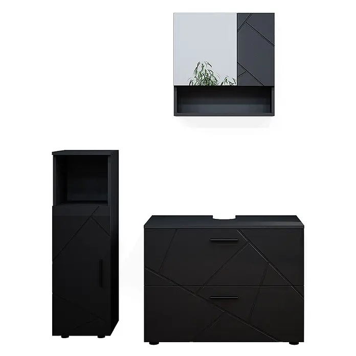 Vicco Badmöbel-Set Irma Anthrazit Hochglanz 3 Teile, mit Midischrank - Gesamtbreite Badmöbel: 110 cm, Anthrazit Hochglanz, Glänzend - Schwarz lackierte Badmöbel-Set mit geometrischen Fronten: Spiegelschrank, Hochschrank und Waschtischunterschrank.