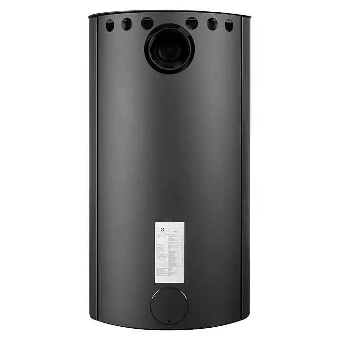 Justus Kaminofen Island 7 2.0 - 7 kW, Raumheizvermögen: 144 m³, Farbe Verkleidung: Schwarz - Schwarzer freistehender Metallofen mit obenliegendem Abgasanschluss und Informationsetikett.
