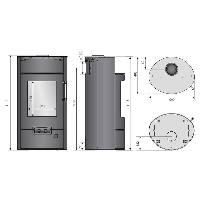 Justus Kaminofen Island 7 2.0 - 7 kW, Raumheizvermögen: 144 m³, Farbe Verkleidung: Schwarz - Dunkelgrauer Kaminofen: technische Zeichnung mit verschiedenen Ansichten und Maßen.