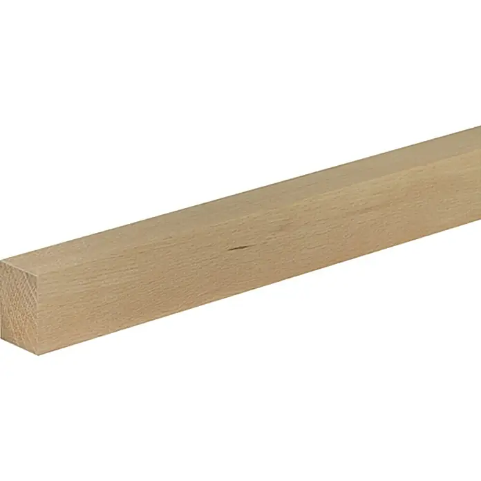 Profiles and more Rechteckleiste - 95 cm x 40 mm x 29 mm, Buche - Nahaufnahme eines hellen, unbehandelten Vierkantholzes, ideal für Bauprojekte oder Bastelarbeiten.