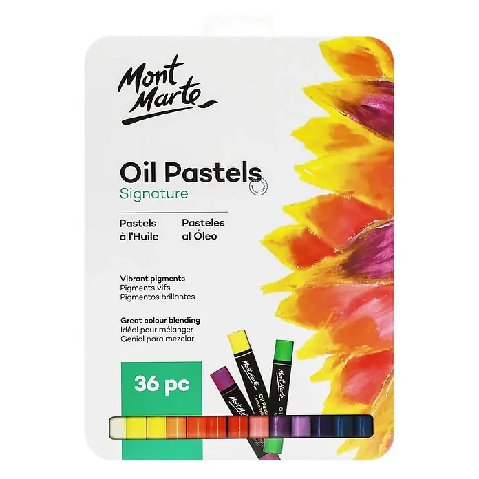 Mont Marte Ölpastellkreiden-Set Signature - 36 stk - Bunt - Weiße Packung Mont Marte Signature Ölpastelle, 36 Stück, mit bunten Kreiden und abstraktem Design.