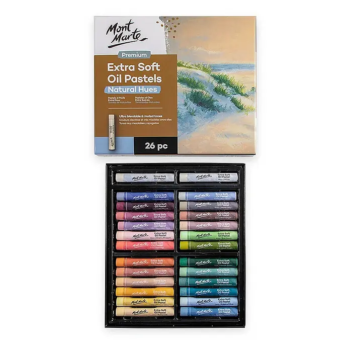 Mont Marte Ölpastellkreiden-Set Extra Soft, Natural Hues, Premium - 26 stk - Bunt - Mont Marte Extra Soft Ölpastelle, 26-teiliges Set in Naturtönen, in Schachtel und Tablett präsentiert, mit gedeckten und mischbaren Farben.