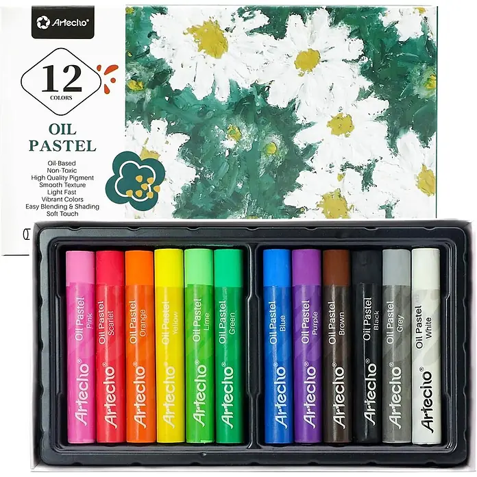 Artecho Ölpastellkreiden-Set 12 Farben - Bunt - Set mit 12 Artecho Ölpastellen in verschiedenen leuchtenden Farben, präsentiert in einer schwarzen Schale in der Verpackung.