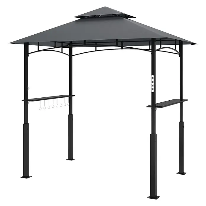 Furnicato Grillpavillon - B x T: 148 x 243 cm, Farbe Gestell: Dunkelgrau, Metall - Schwarzer Metall-Grillpavillon mit grauem Stoffdach, zwei Seitenablagen, eine mit Haken und die andere mit Lichtern.
