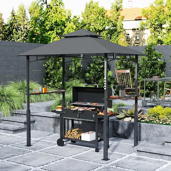 Furnicato Grillpavillon - B x T: 148 x 243 cm, Farbe Gestell: Dunkelgrau, Metall - Dunkelgrauer Metall-Grillpavillon mit doppelstufigem Dach, der einen Holzkohlegrill mit Speisen und Seitenablagen auf einer Terrasse schützt.