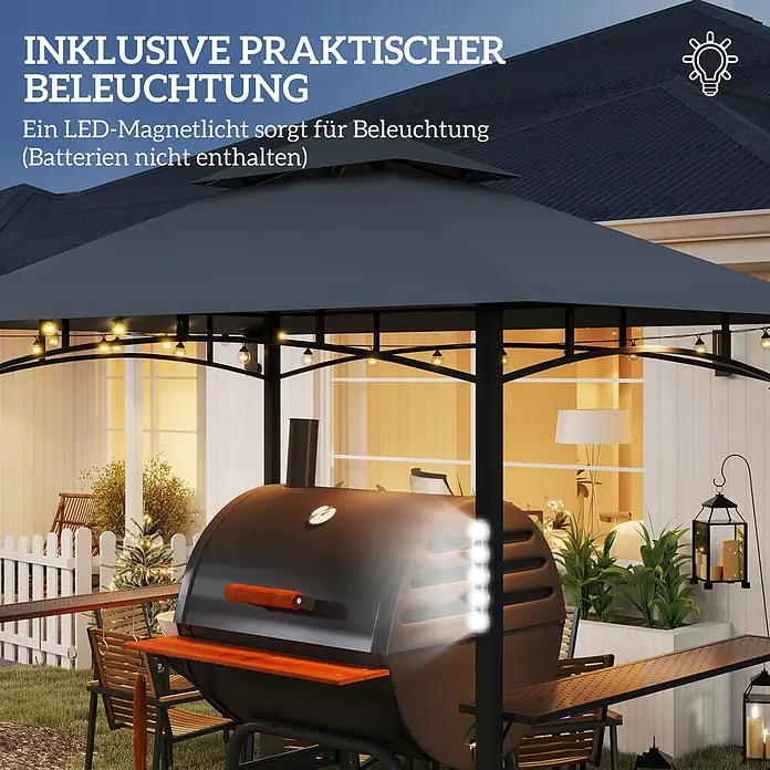 Furnicato Grillpavillon - B x T: 148 x 243 cm, Farbe Gestell: Dunkelgrau, Metall - Dunkles Gartenpavillon mit Lichterkette und magnetischem LED-Licht, das einen Grill beleuchtet.
